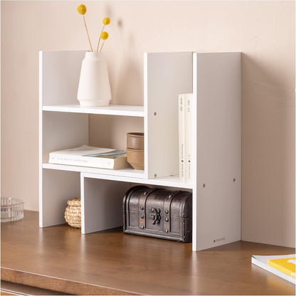 Navaris Desk Organizer Shelf Unit - Desktop Shelves for Table or Countertop - Free-Standing Adjustable Bamboo Shelving for Kitchen or Office - White