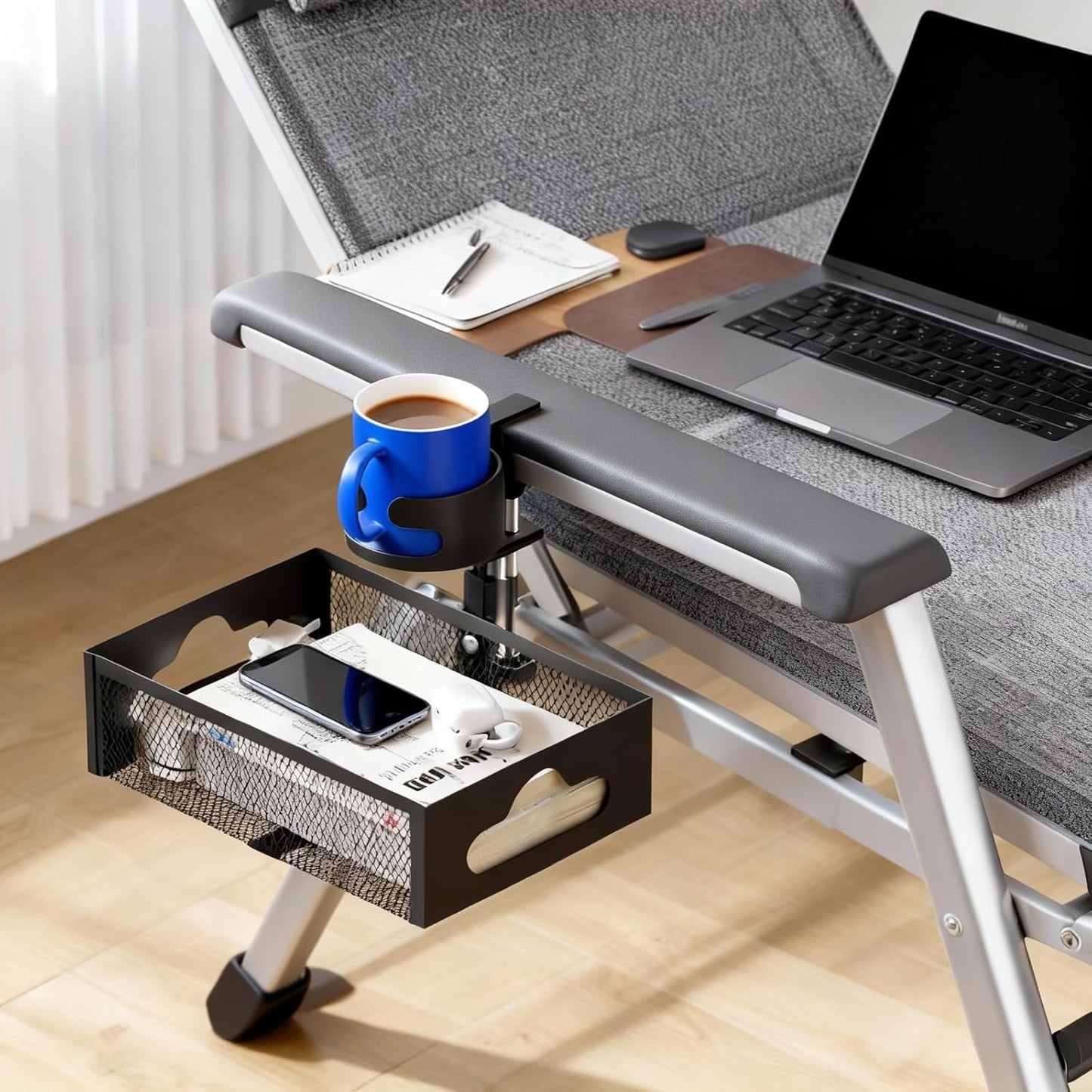 Clamp-On Under Desk Organizer with Cup Holder, 360° Rotating Mesh Drawer with Cable Hole, No-Drill Desk Drawer Organizer for Gaming Desk Accessories, Office Supplies, Coffee Mug, Dorm(2 in1)