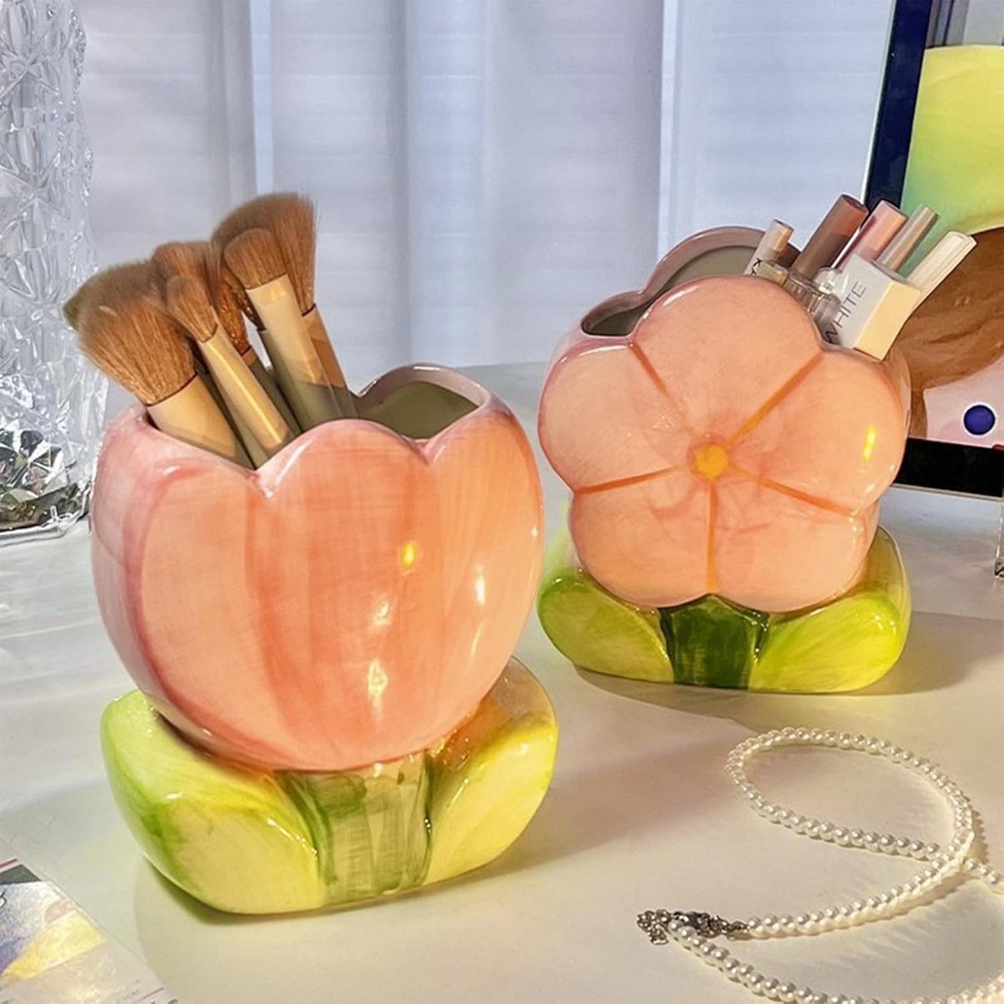 Pen Holder for Desk Cute Toothbrush Holder Tulips Vase Decor Aesthetic Pencil Holder for Office Makeup Brush Holder Yellow Kawaii Desk Accessories Home Decor Birthday Gifts for Women