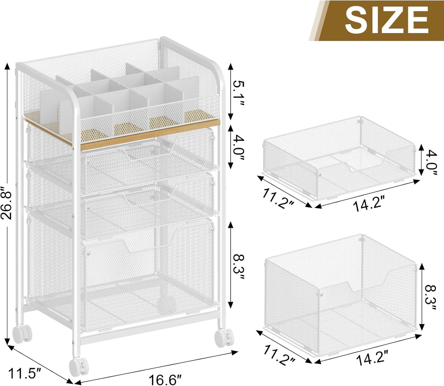 Rolling Makeup Cart Organizer with 3 Drawers, 4-Tier Narrow Floor Skincare Organizers with dividers, Vanity Organizer Cosmetics Display Cases for Makeup Brush, Hair Tool, White
