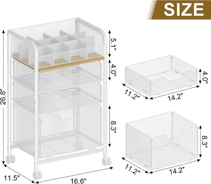 Rolling Makeup Cart Organizer with 3 Drawers, 4-Tier Narrow Floor Skincare Organizers with dividers, Vanity Organizer Cosmetics Display Cases for Makeup Brush, Hair Tool, White