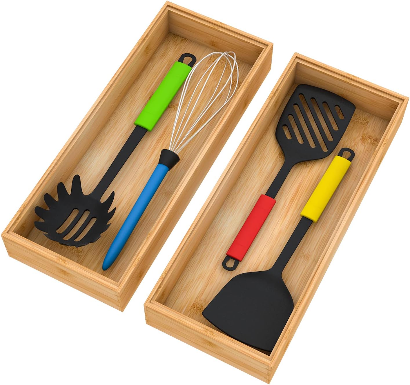 Bamboo Kitchen Drawer Organizer,Stackable Silverware Tray Utensil Organizer Cutlery Holder for Kitchen,Wooden Storage Box for Bathroom, Multi-Use Drawer Organizer for Office,Makeup(12x6x2.5 inch）