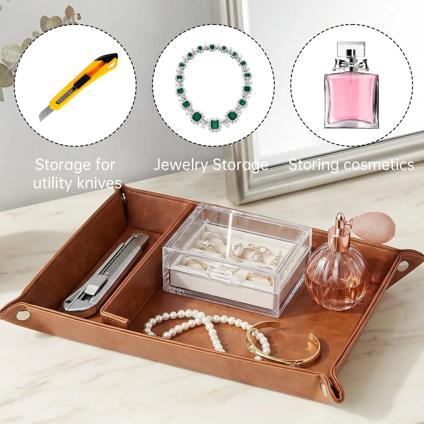 Multi-functional storage tray - suitable for jewelry, wallets, watches, keys, coins, mobile phones, glasses - very suitable as a storage tray for bedside tables, desks and doorways.