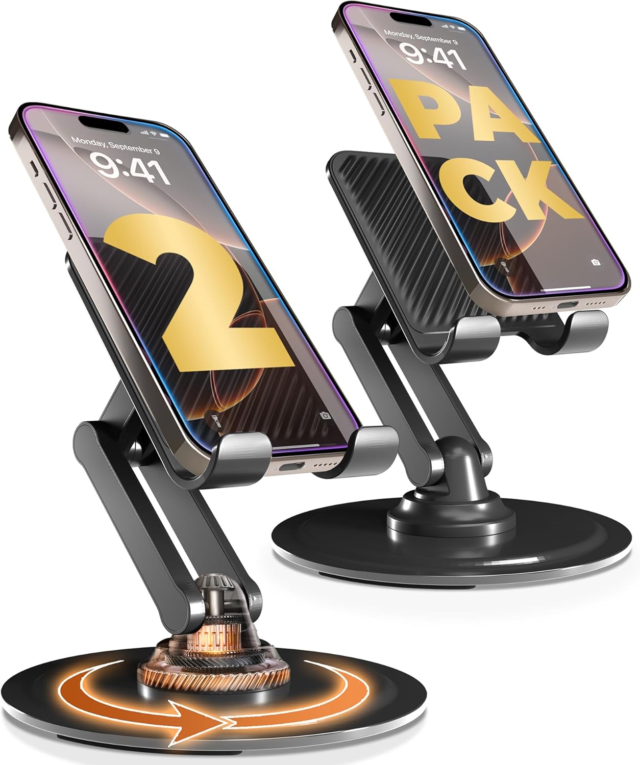 COOPER 360° Stand, Rotating Cell Phone Stand for Desk | Sturdy Metal Base, Foldable, Portable | Cell Phone Holder for Desk (Piano Black)
