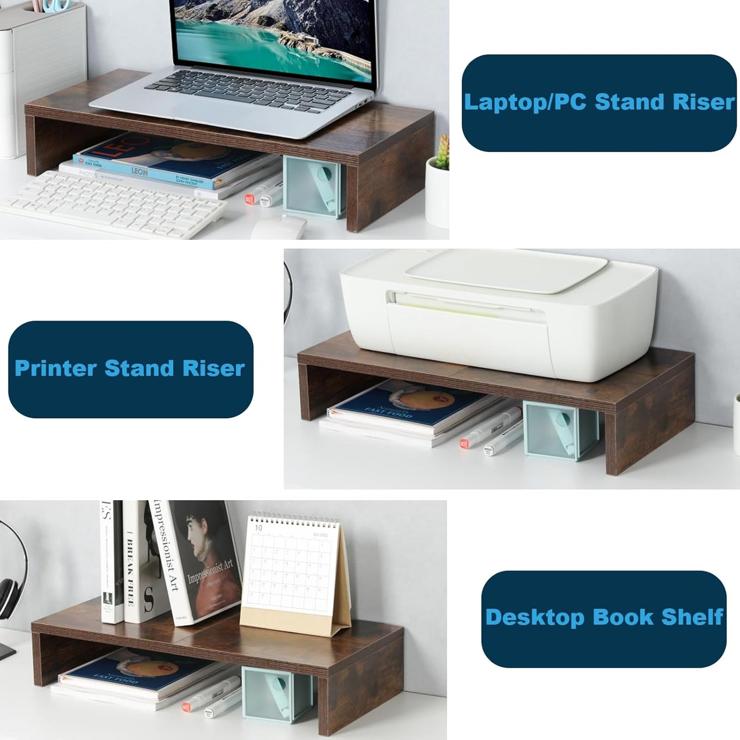 TEAMIX 20 inch White Monitor Stand Riser, Wood Desktop Stand for PC/TV/Laptop/Printer, White Monitor Riser with Storage, Computer Stand with Keyboard Organizer