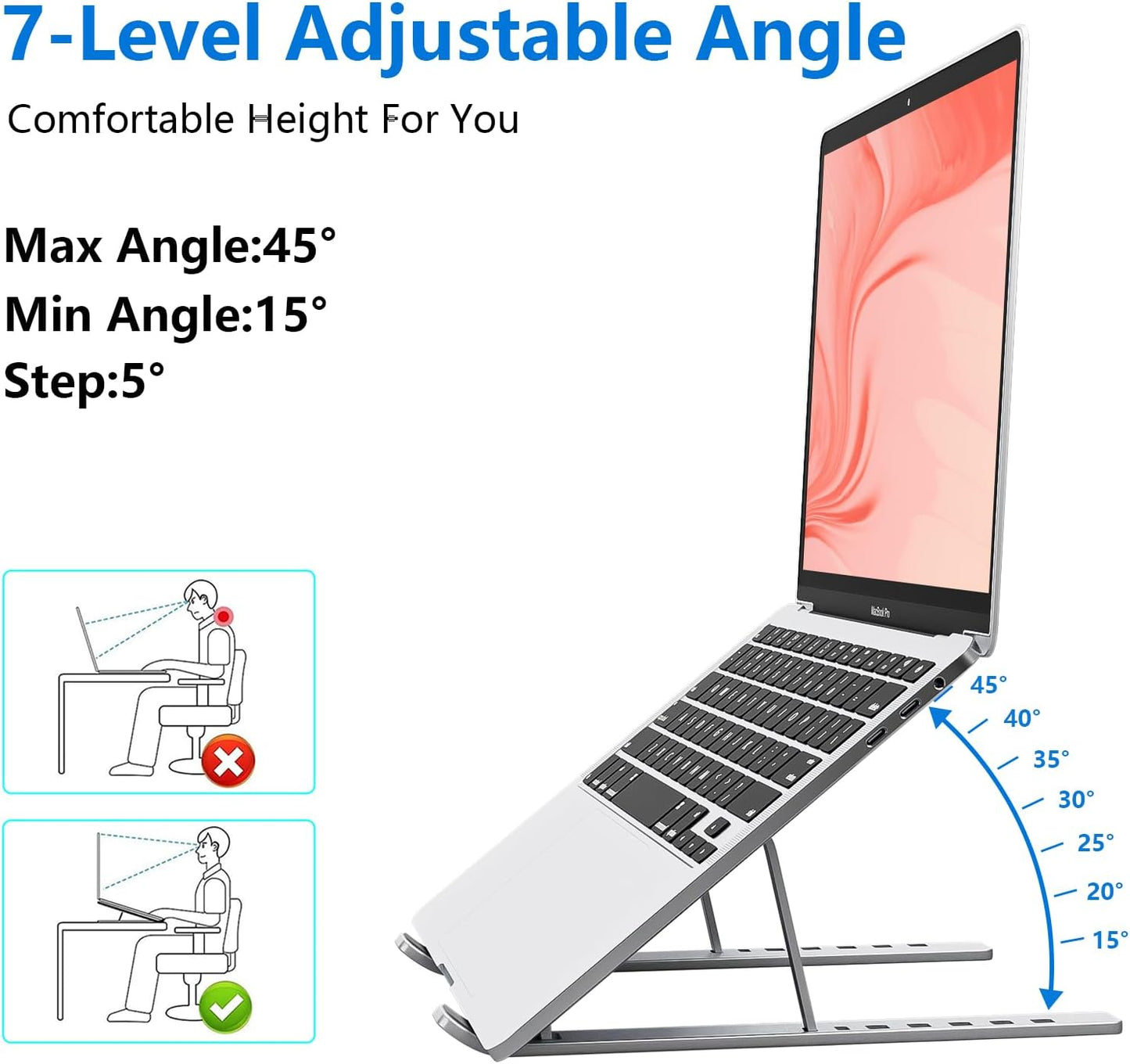 Laptop Stand for Desk, Aluminum Metal MacBook Stand，Computer Riser for Desk, Portable Foldable Adjustable Notebook Holder, Compatible with 10-15.6 Inch Laptops, iPad, Silver.