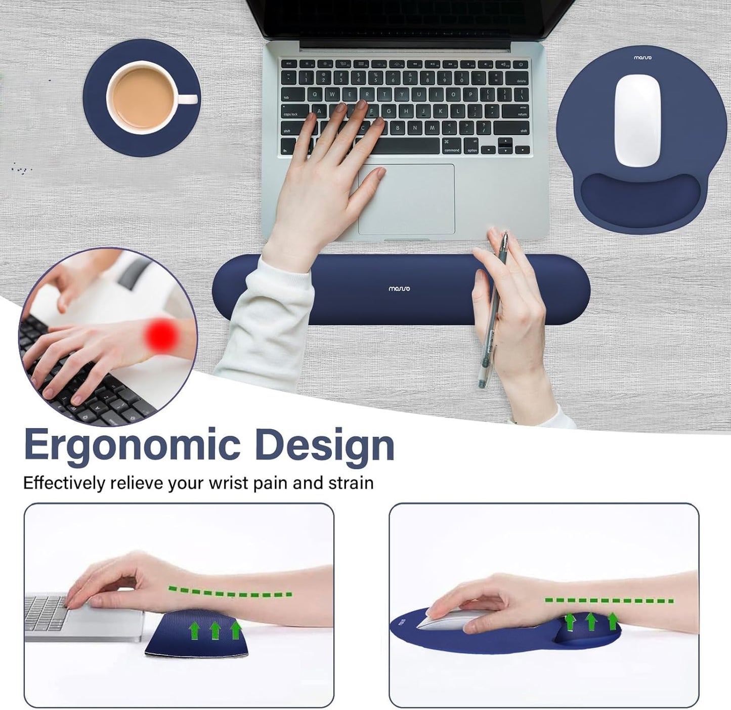 MOSISO Wrist Rest Support for Mouse Pad&Keyboard Set, Circle Curved Ergonomic Mousepad&Coaster Non-Slip Base Home/Office Pain Relief&Easy Typing Pad with Soft Cloth&Silicone Lining, Antique Green