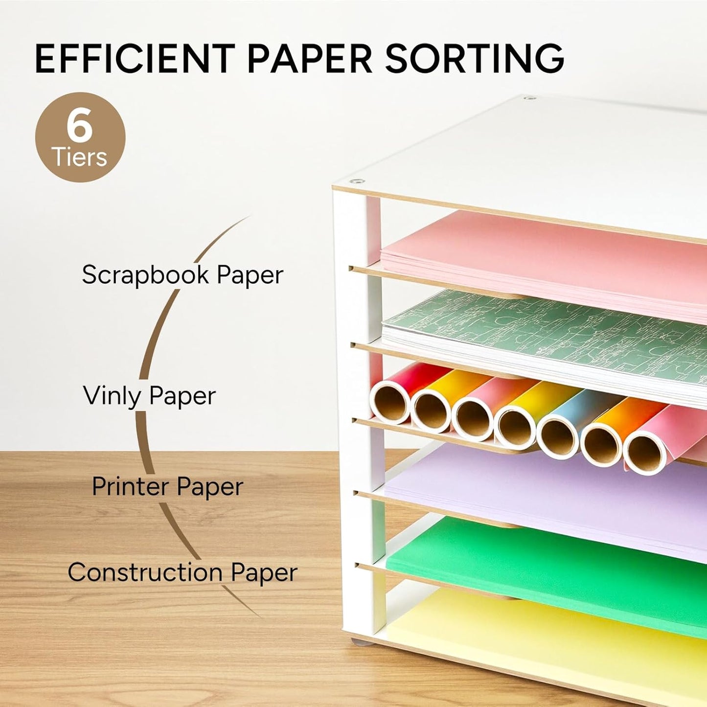 Yumkfoi 12x18 Construction Paper Organizer, 4-Tiers Paper Storage Shelf, Wooden Desk Organizer, File Holder and Letter Tray for Office, Home, Classroom