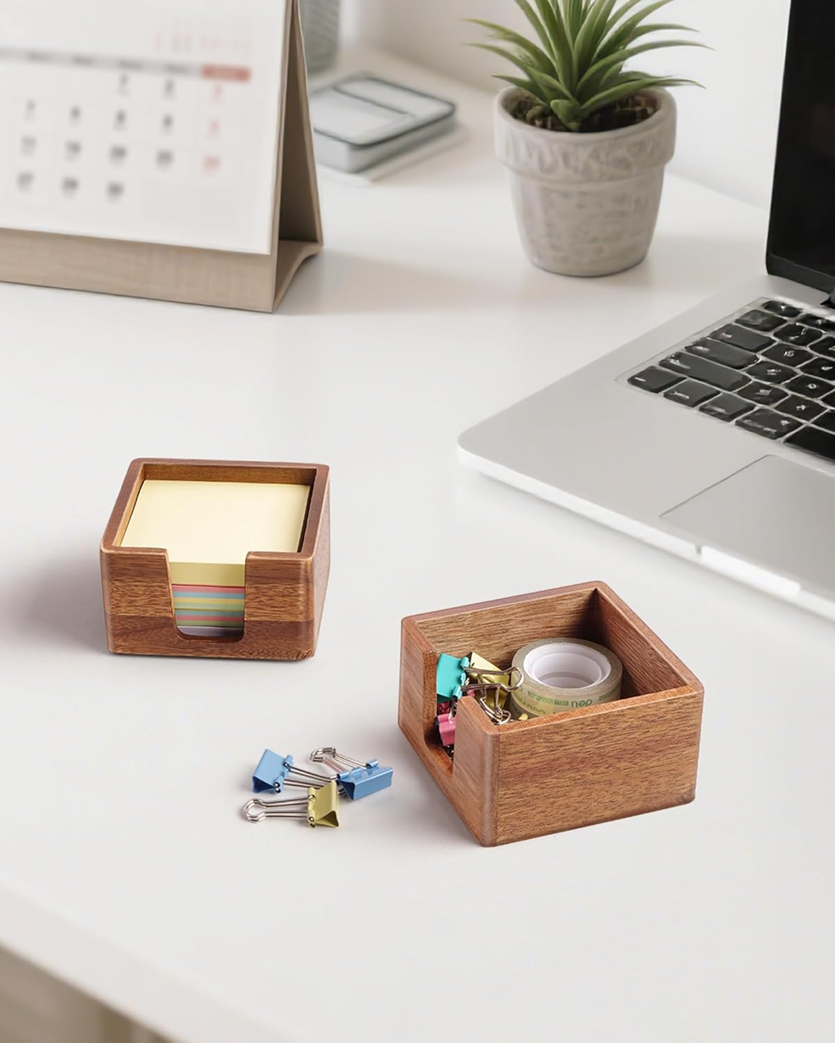 Acacia Wood Desk Organizer Set with Sticky Note Holder, Pencil Pen Cup & Paper Clip Storage, Office Desk Accessories for Marker Craft (Set of 3)