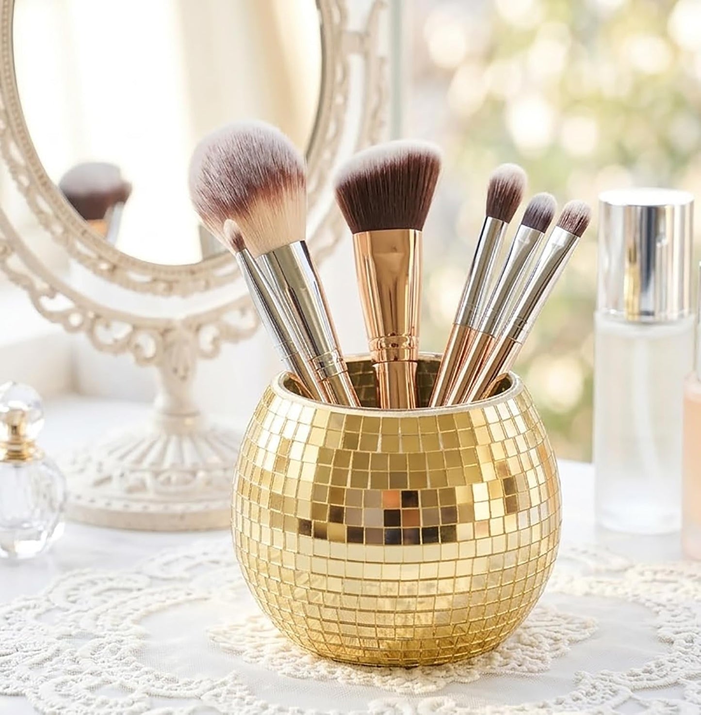 2 Pack Glass Disco Ball Makeup Brush with Smooth Grouting - Premium Mirror Mosaic Pencil Cup for Desk, Cute Pen Holder, Aesthetic Room Decor Gift (Iridiscente)