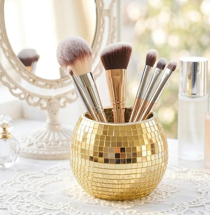 2 Pack Glass Disco Ball Makeup Brush with Smooth Grouting - Premium Mirror Mosaic Pencil Cup for Desk, Cute Pen Holder, Aesthetic Room Decor Gift (Iridiscente)