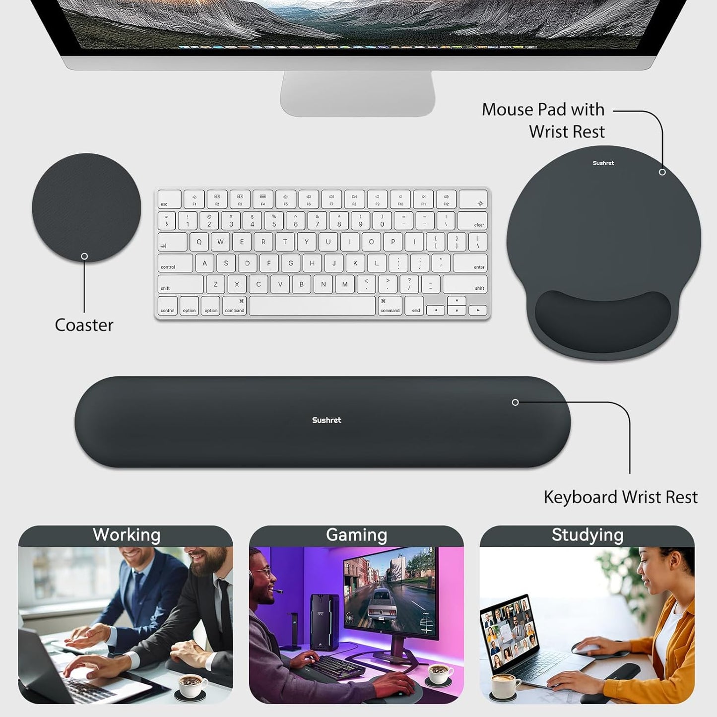 Sushret Mouse Pad and Keyboard Wrist Rest, 3-in-1 Gel Memory Foam Ergonomic Mouse Pad with Wrist Rest Set,Gaming Mousepad Arm Cushion Support for Computer Office Desk Accessories Cute Setup,Sage Green