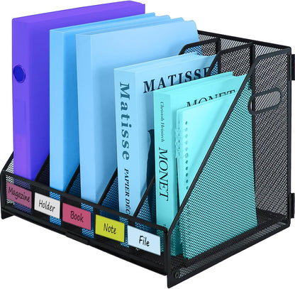 Desk Organizers Metal Magazine File Holder Racks Desktop Folder Storage Binder Organiser Document Organization for Home Office & Classroom,5 Vertical Compartments