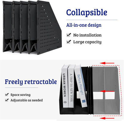 SAYEEC 2Pcs Collapsible Plastic Magazine File Holder Vertical Binder Storage Organizer for Desk Sturdy Upright Desktop Magazine Organizer Folder Rack for Office School Home (3 Compartments, Black)