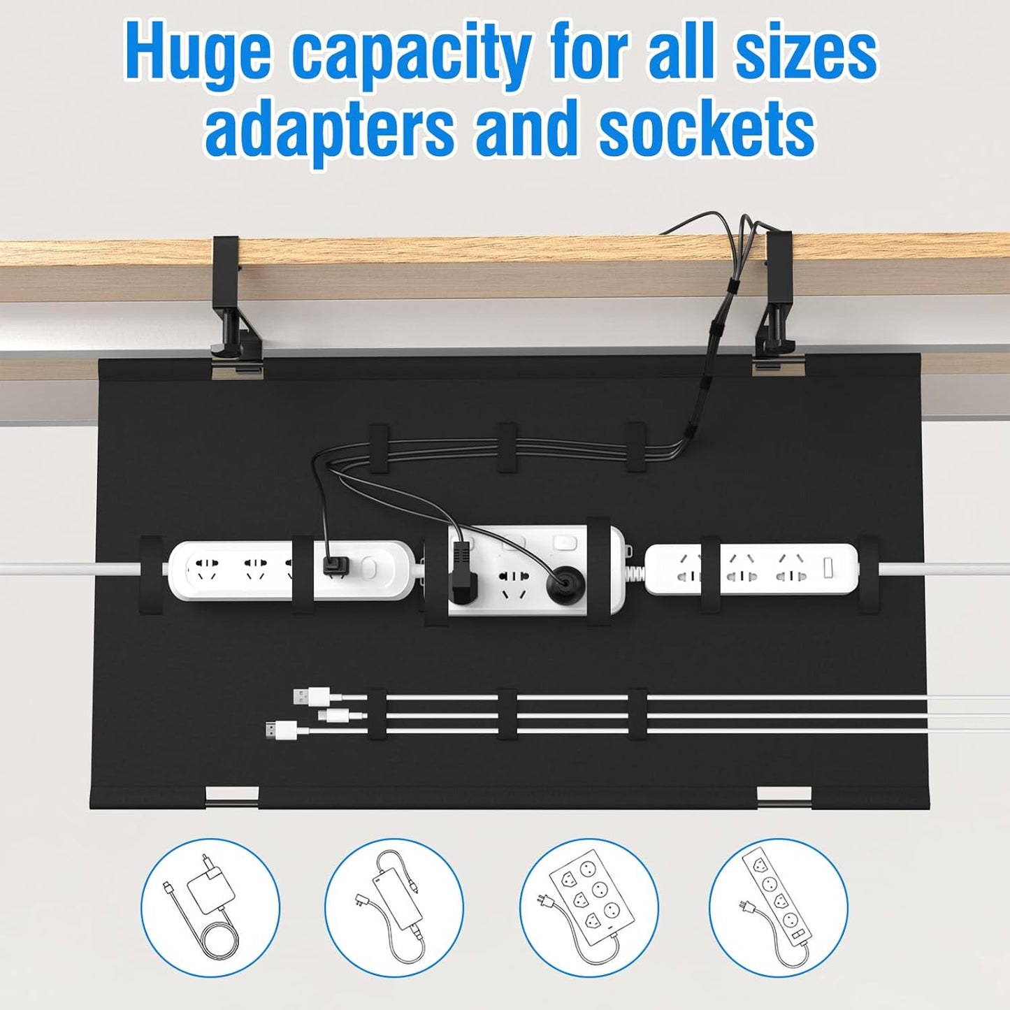 No Drill Under Desk Cable Management Tray, 28" Cord Management Tray with Cable Loop, Upgraded Oxford Fabric Wire Management for Standing Desk - No Damage to Table