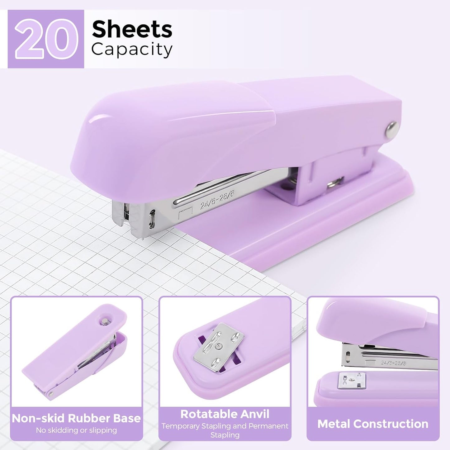 SKYDUE Pink Desk Accessories 10Pcs, Rotating Pen Holder for Desk, Stapler, Staple Remover, Tape Dispenser,2pcs Tape Refills, Binder Paper Clips Kit, Scissor,Pink Office School Supplies