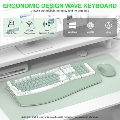 Wireless Keyboard and Mouse Combo,2.4G Full Size Wave Keys Ergonomic Keyboard with Wrist Rest for Natural Typing, 3 DPI Adjustable Ergonomic Silent Mouse for Computer/Laptop/Windows/Mac (Gray)