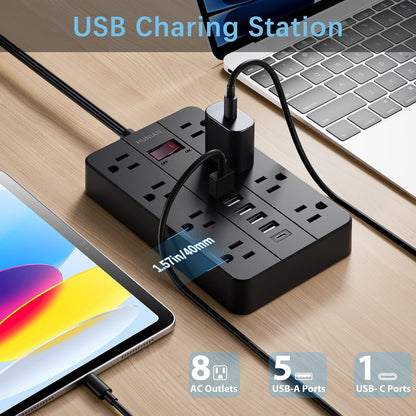 Power Strip with USB, Flat Plug Extension Cord Surge Protector 5 Ft, HUNIAN Power Strip with 8 Widely Spaced Outlets 6 USB Charger (1 USB C Port), Desk Charging Station for Home Office, White