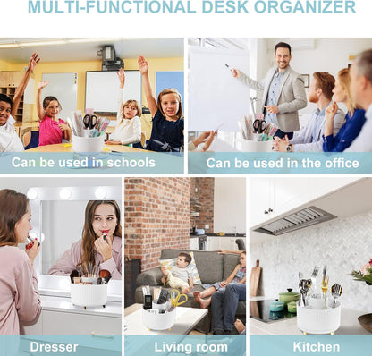Cayxenful Pencil Holder For Desk,5 Slots 360°Degree Rotating Desk Organizers And Accessories,Desktop Storage Stationery Supplies Organizer, Cute Pencil Cup Pot For Office, School, Home (B-White)
