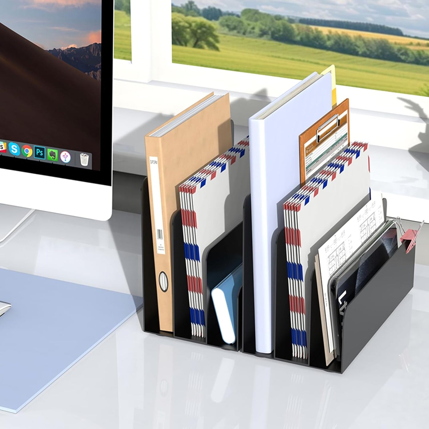 Mail Organizer Countertop, Small Desk File Organizer, Metal File Holder - Essential Workspace Organizers for Office Desk, Home Office (Black)