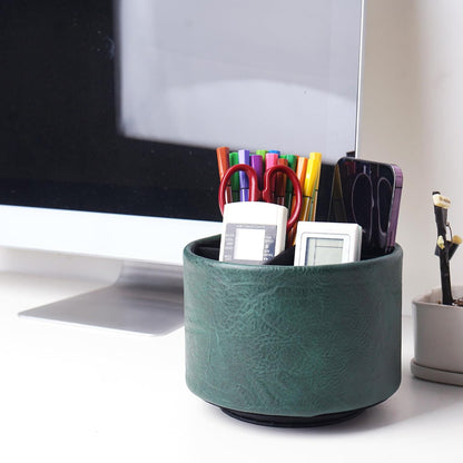 Hennaja Round Leather Art Supply Organizer,Remote Control Holder,360 Degree Rotating,Multi-Functional Pencil Holder,4 Compartments Desktop Stationary Organizer(1-Blue Bird) - Colors A