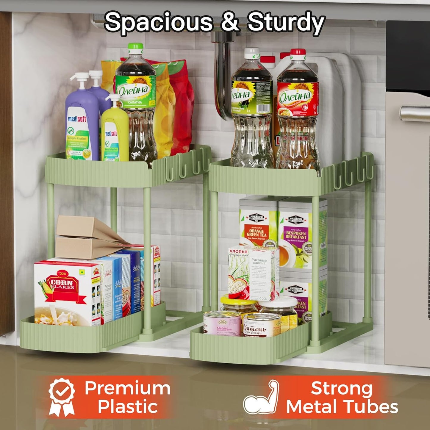 Ukeetap Multi-Purpose Pull-Out Storage Organizers, Under Sink/Cabinet Organizers and Storage for Bathroom & Kitchen, Black, 12.8 Inches, 2 Packs