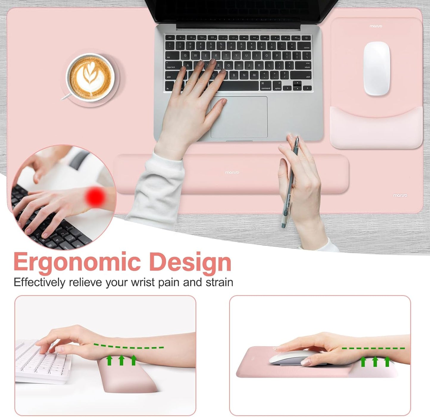 MOSISO Keyboard Mouse Pad Set, Large Gaming Mouse Pad&Rectangular Keyboard Wrist Rest&Mousepad with Wrist Rest&Coaster, Ergonomic Non-Slip&Easy Typing Pad with Curved Silicone Lining, Antique Green