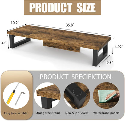 WESTREE Dual Monitor Stand Riser, Wood and Steel Multi-Purpose Desktop Storage Stand for 2 Monitors for Computer, Laptop, Printer, TV, Rustic Brown