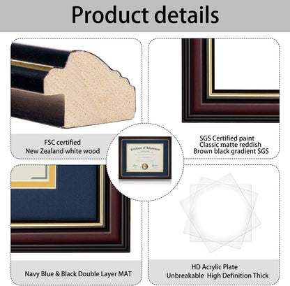 ELSKER&HOME Diploma Frame - Wide Solid Wood Frame - Black Velvet Golden Rim Mat - Semi-Tempered Glass - Includes Hanging Hardware and Desktop Easel(ONLY Display 11×14 Document/Certificate)