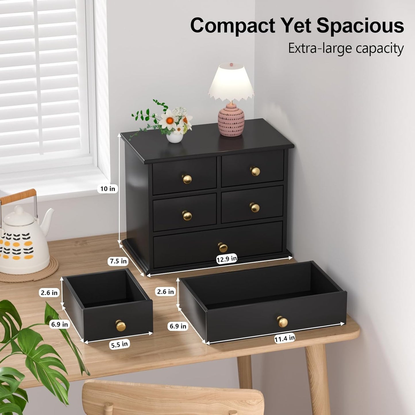 Oak Desk Organizer with Drawers, Durable Wooden Desktop Storage Box with Metal Handles & Non-Slip Silicone Pads, 4 Drawer Tabletop Organizer for Office, Bedroom, Bathroom, Vanity, and Makeup – Walnut