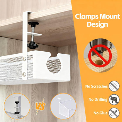 Under Desk Cable Management Tray – No Drill Metal Mesh Cord Organizer for Home Office & Standing, Adjustable Wire Organizer, Space-Saving Desk Tray (Black)