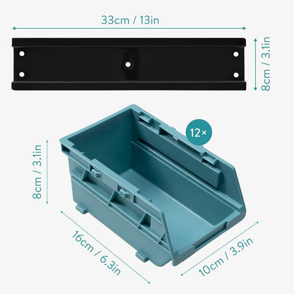 Navaris Storage Bins - Interlocking Plastic Van Boxes - Wall Mounted Compartments for Screws Nails Small Tool Parts - Workshop Garage Drawer Shed Organiser - 12 Bins & 3 Rails
