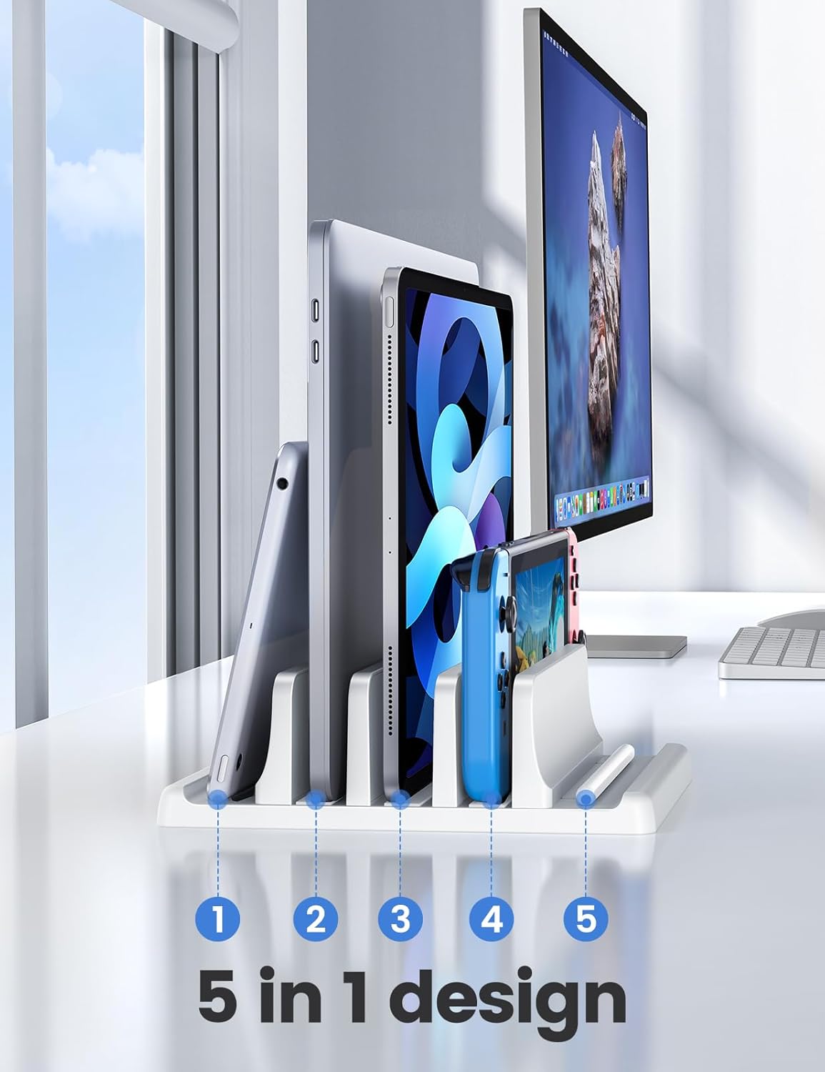 Vaydeer 3-Slot Vertical Laptop Stand Organizer, Laptop Storage Holder Made of Premium ABS Plastics 5 in 1 Design,Desktop Space-Saving Adjustable Desk Organizer for All MacBook/Chromebook/Surface