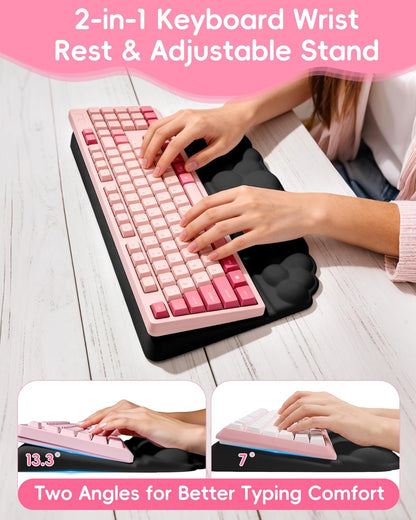 Cloud Wrist Rest Set for Keyboard and Mouse, Ergonomic Memory Foam Wrist Support & Adjustable Keyboard Stand with Two Typing Angles, Silky Lycra Surface, Non-Slip Base (White)