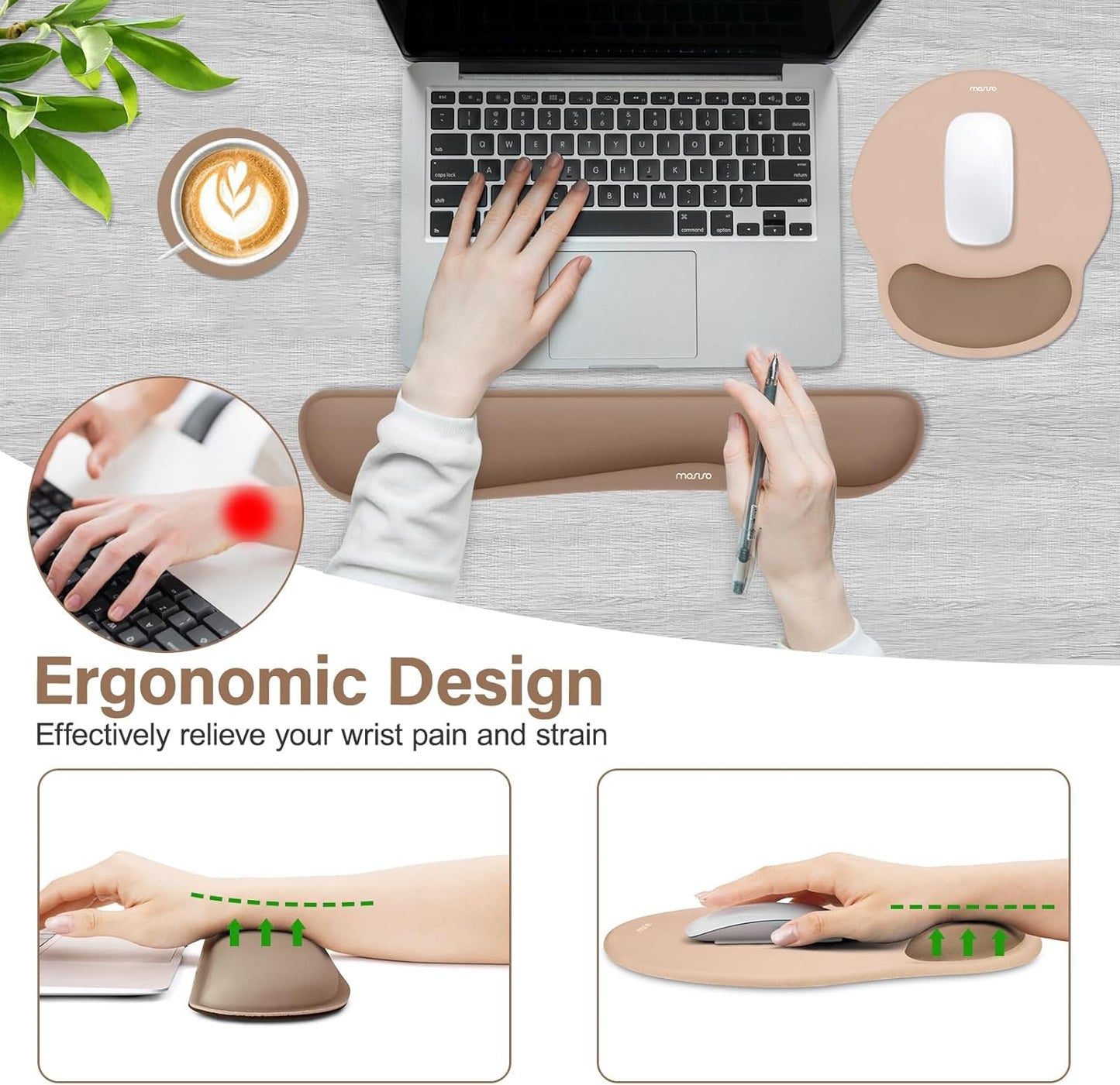 MOSISO Wrist Rest Support for Mouse Pad&Keyboard Set, Streamline Ergonomic Mousepad&Coaster Non-Slip Base Home/Office Pain Relief&Easy Typing Pad with Soft Cloth&Silicone Lining, Antique Green