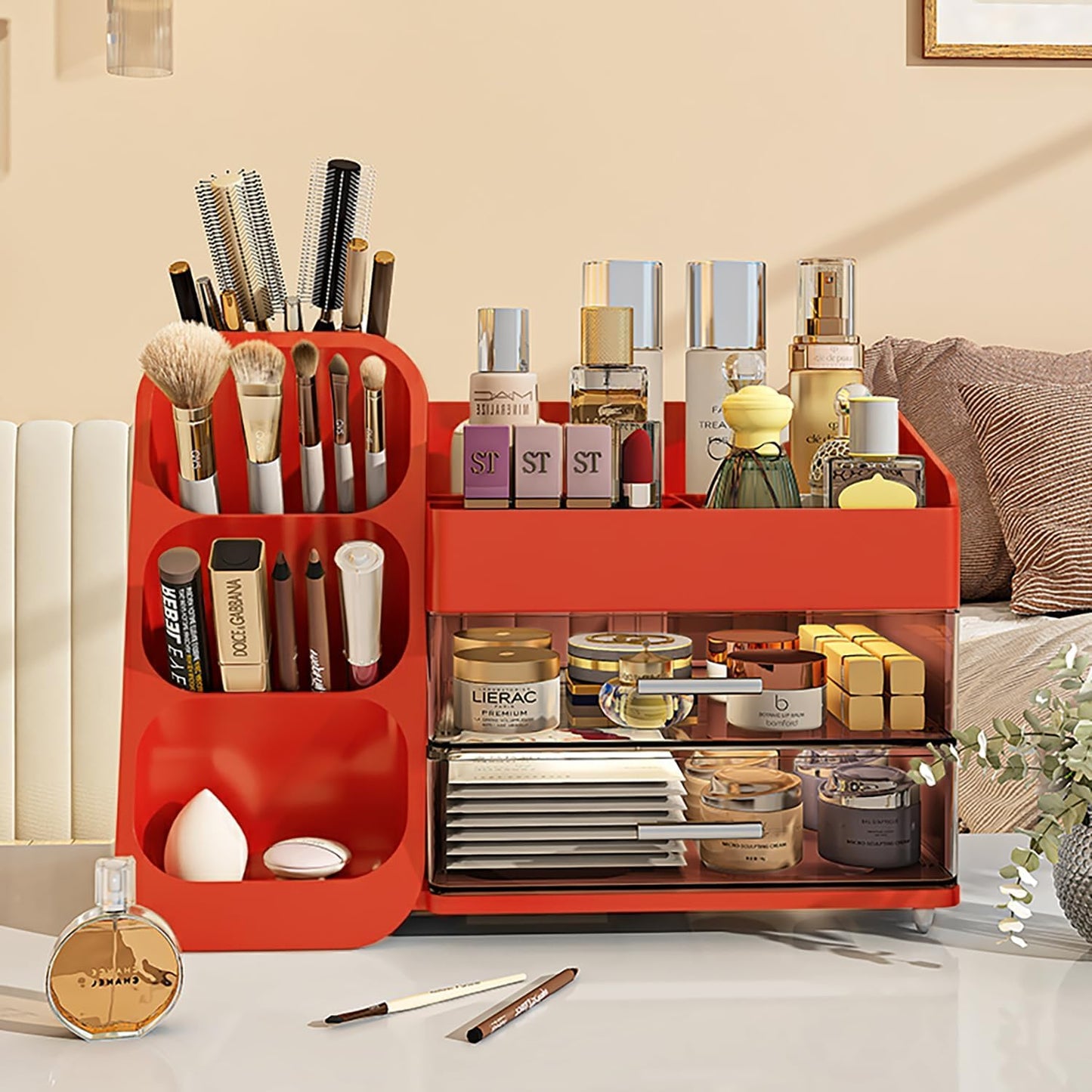 Booklov Makeup Organizer for Vanity, Countertop Cosmetic Display Case with Clear Acrylic Drawers, Bathroom Counter Beauty Caddy, Cute Table Storage Holder for Skincare, Brush Lipsticks, Crystal White