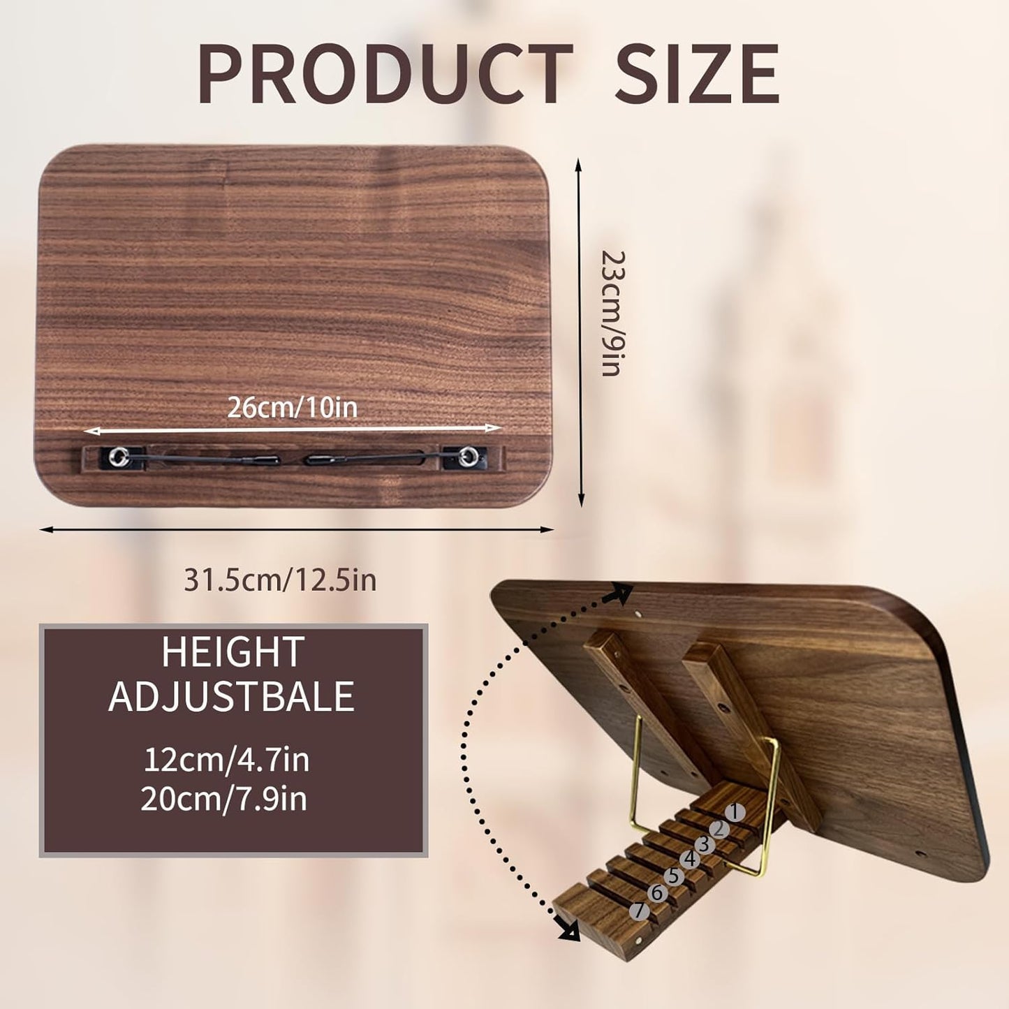 Book Stand for Reading, Mayhas Adjustable Book Holder with 360° Swivel Base&Page Clips, Foldable Desktop Stand for Cookbook, Fits All Books (Walnut, Wood Base)