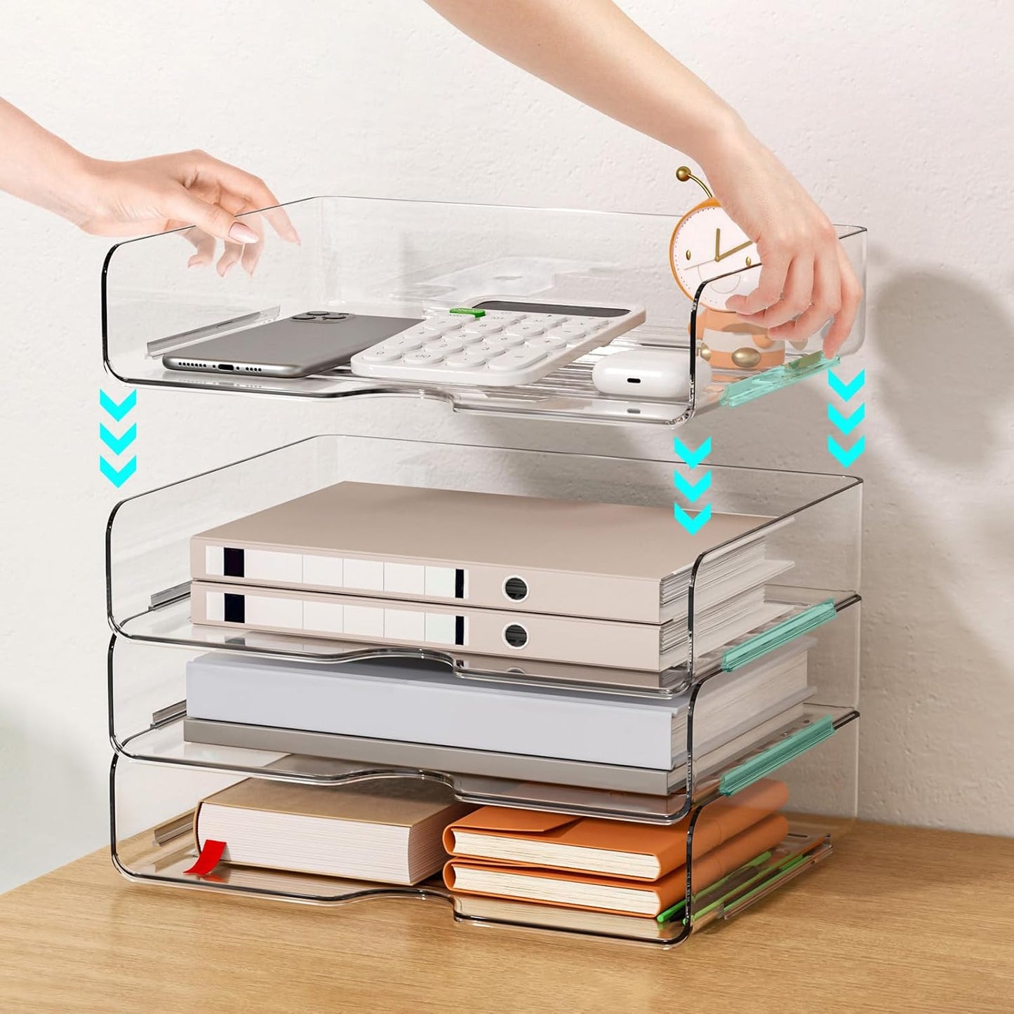 Paper Organizer Letter Tray - Acrylic Stackable Desk File Organizer with 5-Gird Tray and Pencil Holder, Clear File Organizer for Desk, Office Organizer for File Paper, Ipad, Letter, Small Item Etc