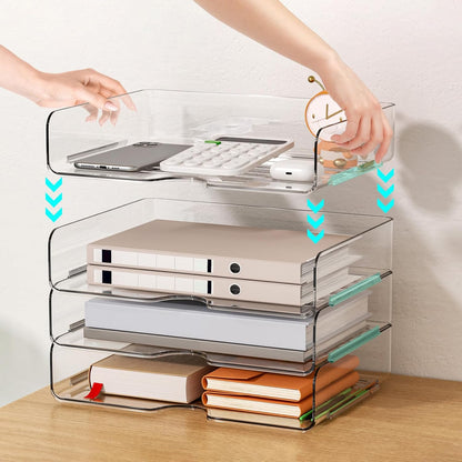 Paper Organizer Letter Tray - Acrylic Stackable Desk File Organizer with 5-Gird Tray and Pencil Holder, Clear File Organizer for Desk, Office Organizer for File Paper, Ipad, Letter, Small Item Etc