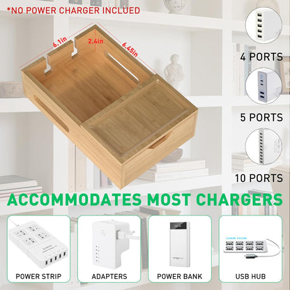 Bamboo Charging Station for Multiple Devices, Desk Charging Organizer with Drawer & Tray, Wood Docking Station Included 6 Cables, Compatible with iPhone Devices, Cell Phone, Tablet (No USB Charger)