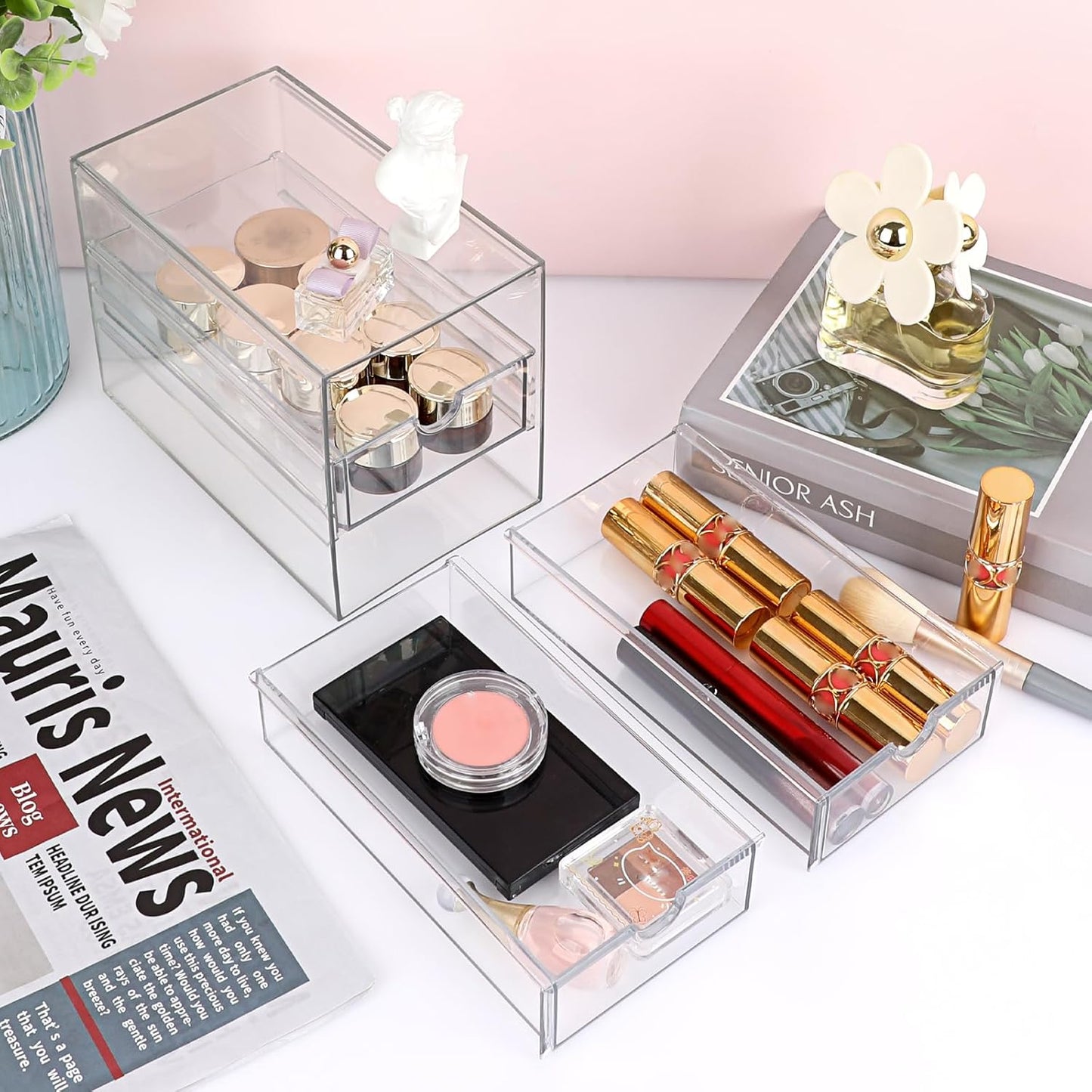 Hipiwe 3 Drawers Acrylic Drawer Organizer Clear Desktop Organizer for Hair Accessories Jewelry Stationery Office Supplies Acrylic Drawer Storage Box for Vanity Bathroom Closet