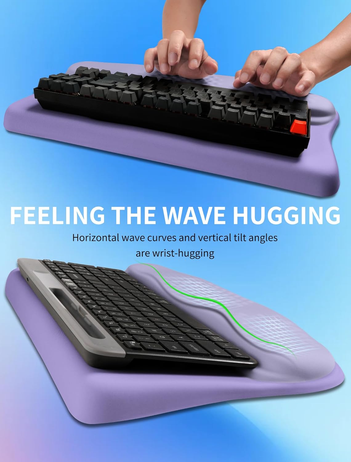 Ergonomic Wave Wrist Rest with Keyboard Stand, Cushioned Palm Rest, Comfortable Integrated Memory Foam for Natural Typing and Relieve Wrist Pain, Dark Night Black