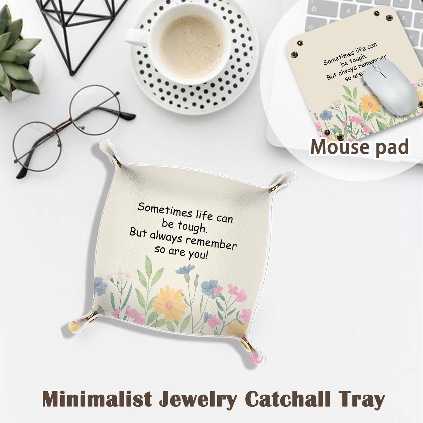 Inspirational Gifts for Women Jewelry Valet Tray, Motivational Positive Affirmations Gifts for Women, Blue Retro Nightstand Desk Accessories PU Leather Tray Organizer for Jewelry Rings Watches