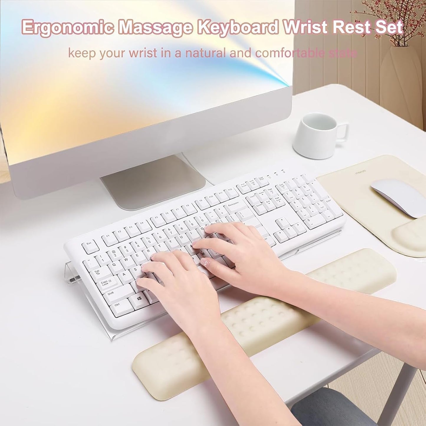 MOSISO Computer Keyboard Stand&Wrist Rest Support for Keyboard &Mouse Pad Set, Ergonomic Massage Wrist Rest Set, Easy Typing Working Acrylic Clear Stand for Office Home, Apricot