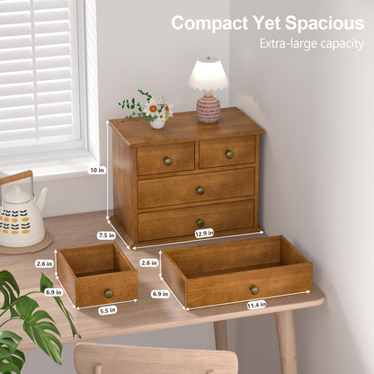 Oak Desk Organizer with Drawers, Durable Wooden Desktop Storage Box with Metal Handles & Non-Slip Silicone Pads, 4 Drawer Tabletop Organizer for Office, Bedroom, Bathroom, Vanity, and Makeup – Walnut