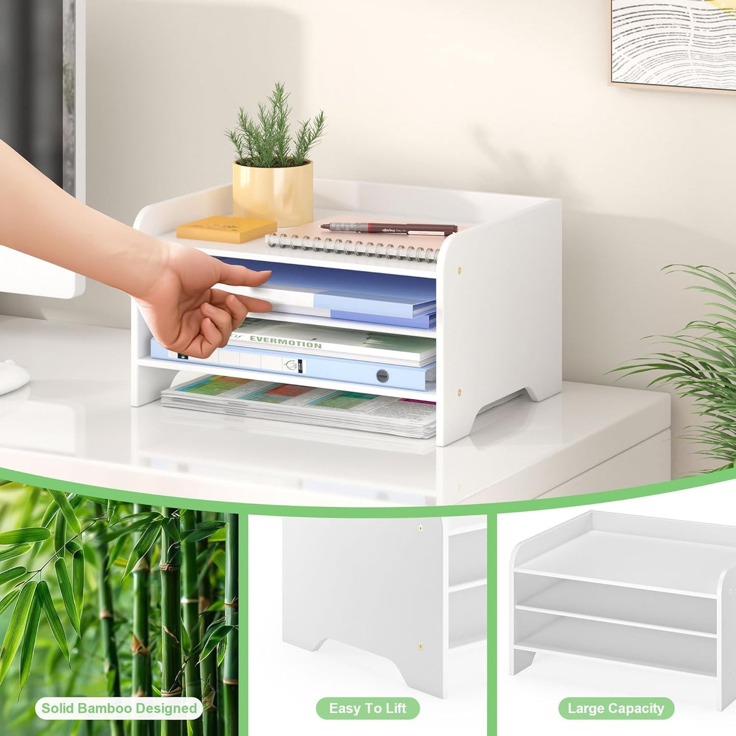 Bamboo Desk Organizer Mail Holder Countertop Letter Tray File Organizer for Desk Letter Sorter Paper File Storage for School Home Office Supplies
