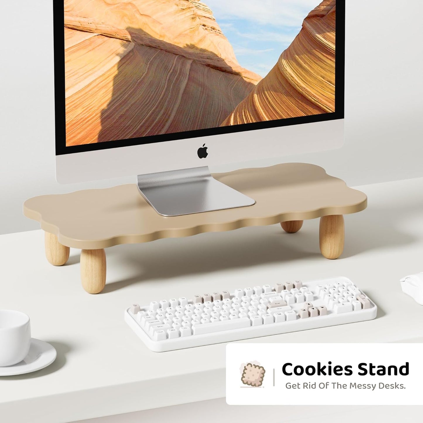 AFOOYO Monitor Stand Riser, Cookie-Shaped Sturdy Wood Computer Monitor Stand for Desk, Ergonomic Desk Stand, Multi-Purpose Desktop Organizer Riser for Computer, Laptop, Printer, TV,White