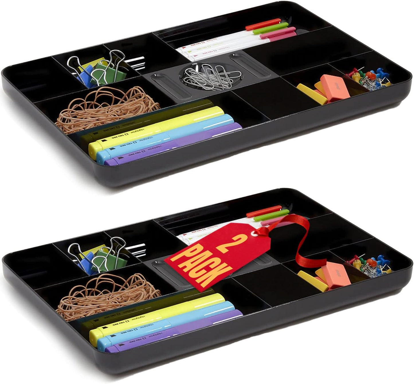 1InTheOffice Desk Drawer Organizer Tray, Desk Drawer Tray, 13-Compartment, Black, 2 Pack