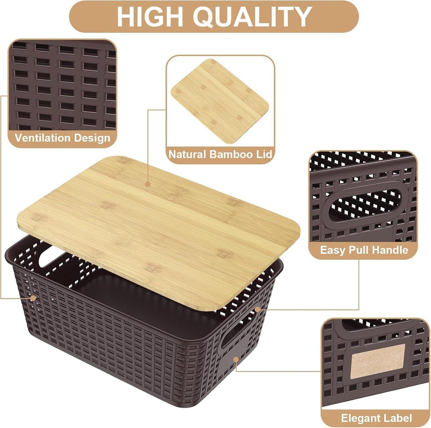 6Pcs Storage Bins with Lids, Stackable Plastic Storage Basket with Bamboo Lid, Pantry Organizer Box Small Containers for Organizing Shelves Drawer Desktop Closet Cabinet Office Classroom 10x7.1x4.1in