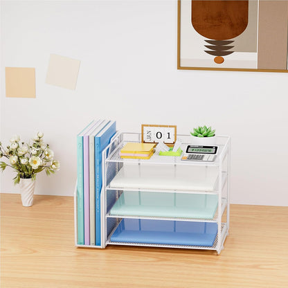 Marbrasse Desk Organizer and Accessories，4-Tier Paper Letter Tray Organizer with File Holder，Desk Accessories & Workspace Desktop Organizers for School Home Office Supplies (Blue)